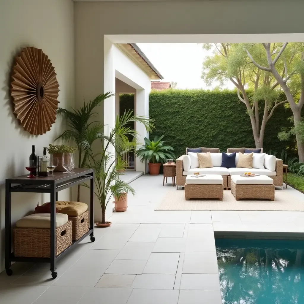 a photo of a chic lounge with a bar cart and stylish seating by the pool