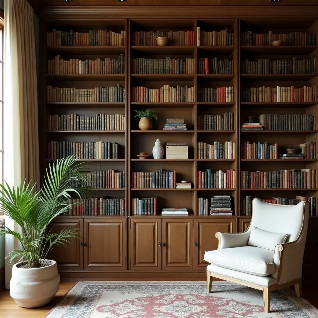 a photo of a library featuring a collection of Mediterranean cookbooks and decor