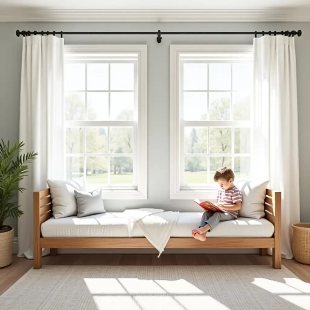 a photo of a bright kids&#x27; room with a cozy farmhouse reading nook