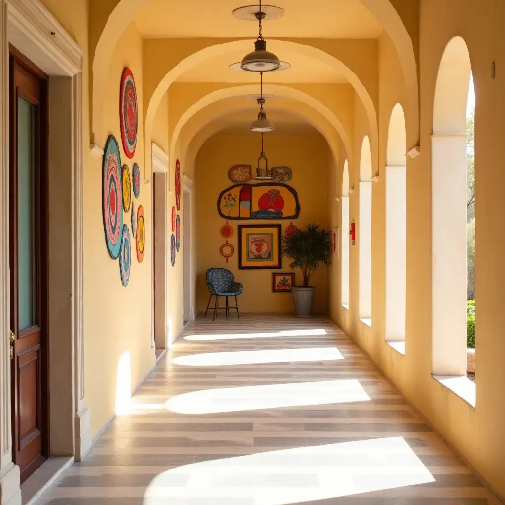 a photo of a bright corridor with vibrant wall art and Mediterranean motifs