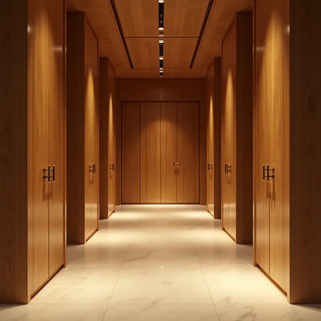 a photo of a corridor featuring a wooden mural and lighting