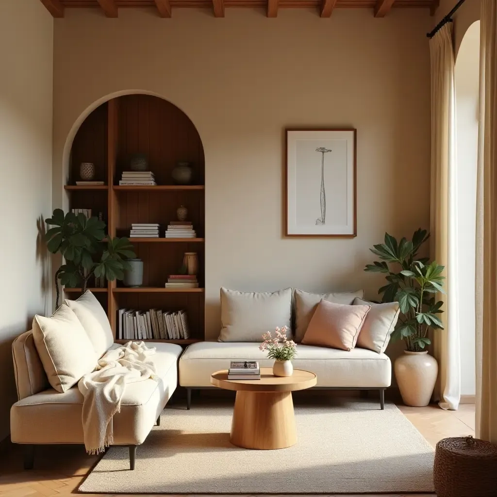 a photo of a reading space with a Mediterranean vibe and soft, inviting decor