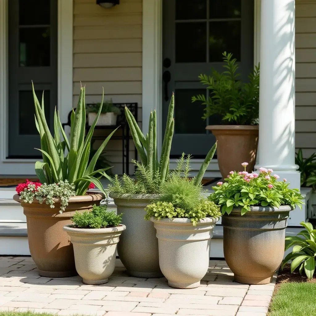 a photo of a collection of unique planters showcasing various plants on a porch