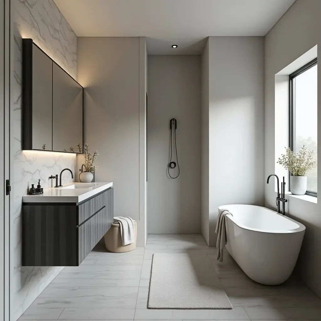 a photo of a stylish bathroom with a monochrome palette and sleek hardware