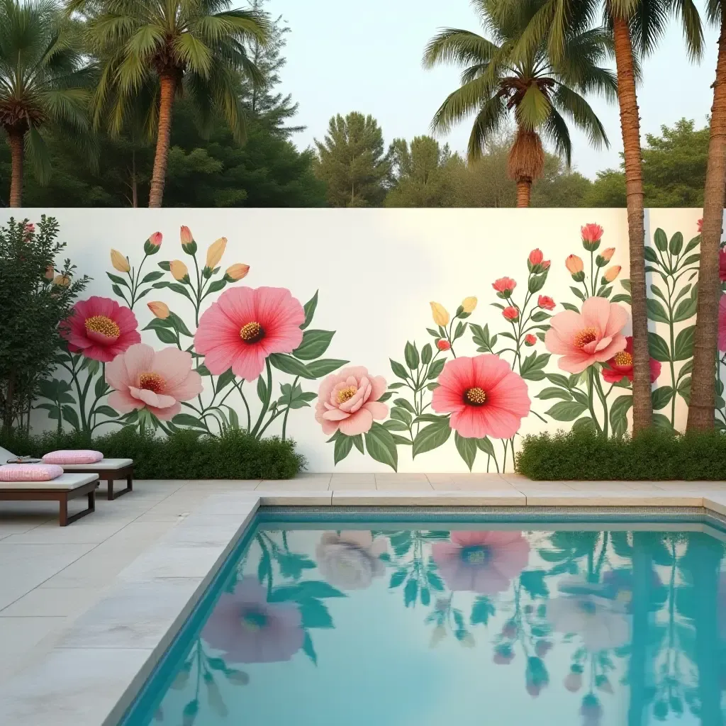 a photo of bright floral designs enhancing a poolside wall