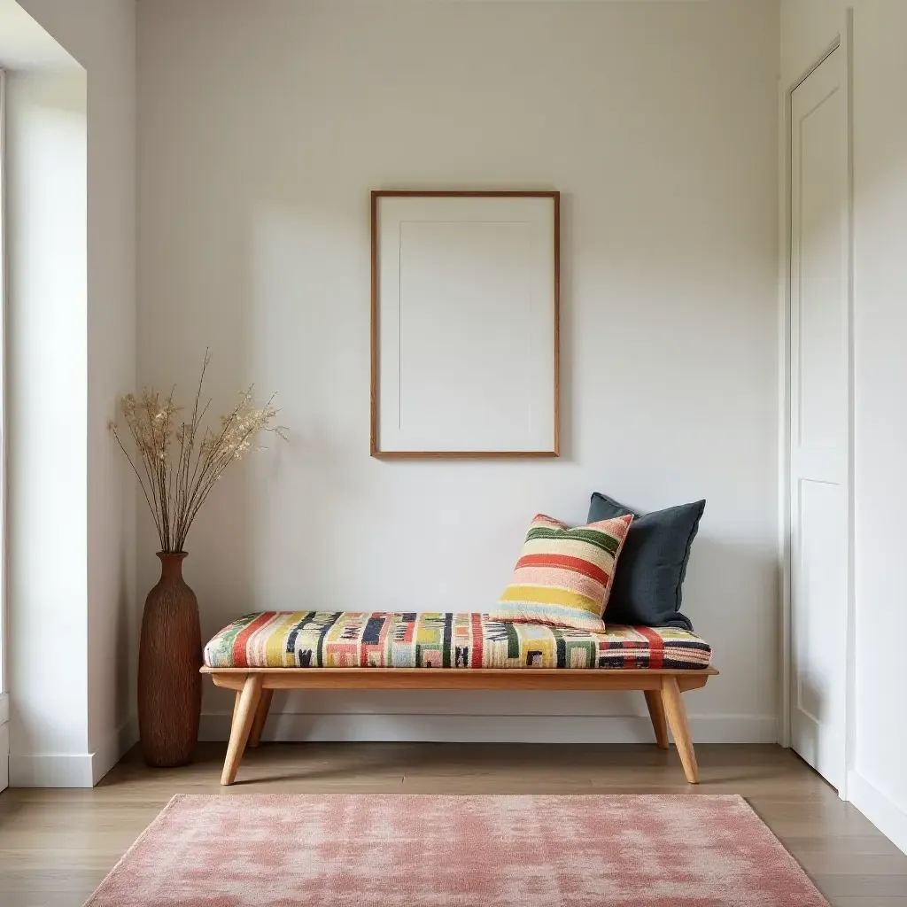 a photo of a colorful bench with cushions in a hallway