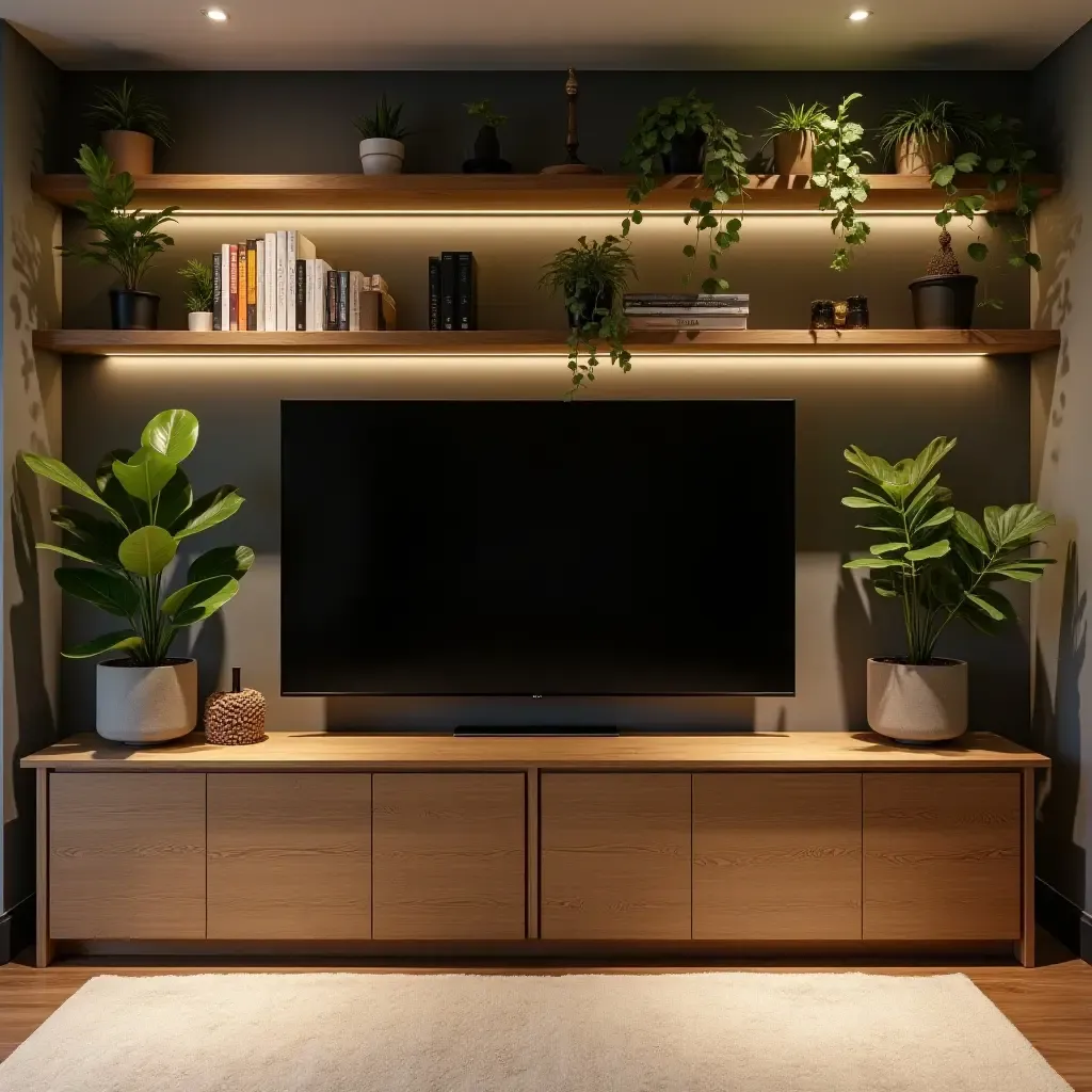 a photo of a basement entertainment area with plants on shelves