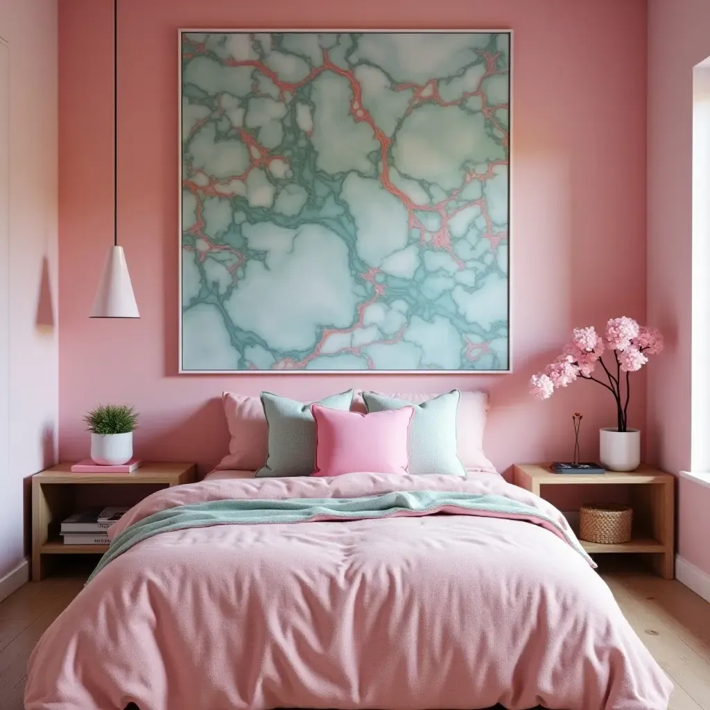 a photo of a vibrant teen bedroom showcasing marble-inspired wall art