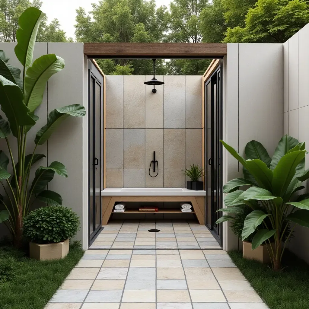 a photo of a glamorous outdoor shower area with decorative tiles and plants