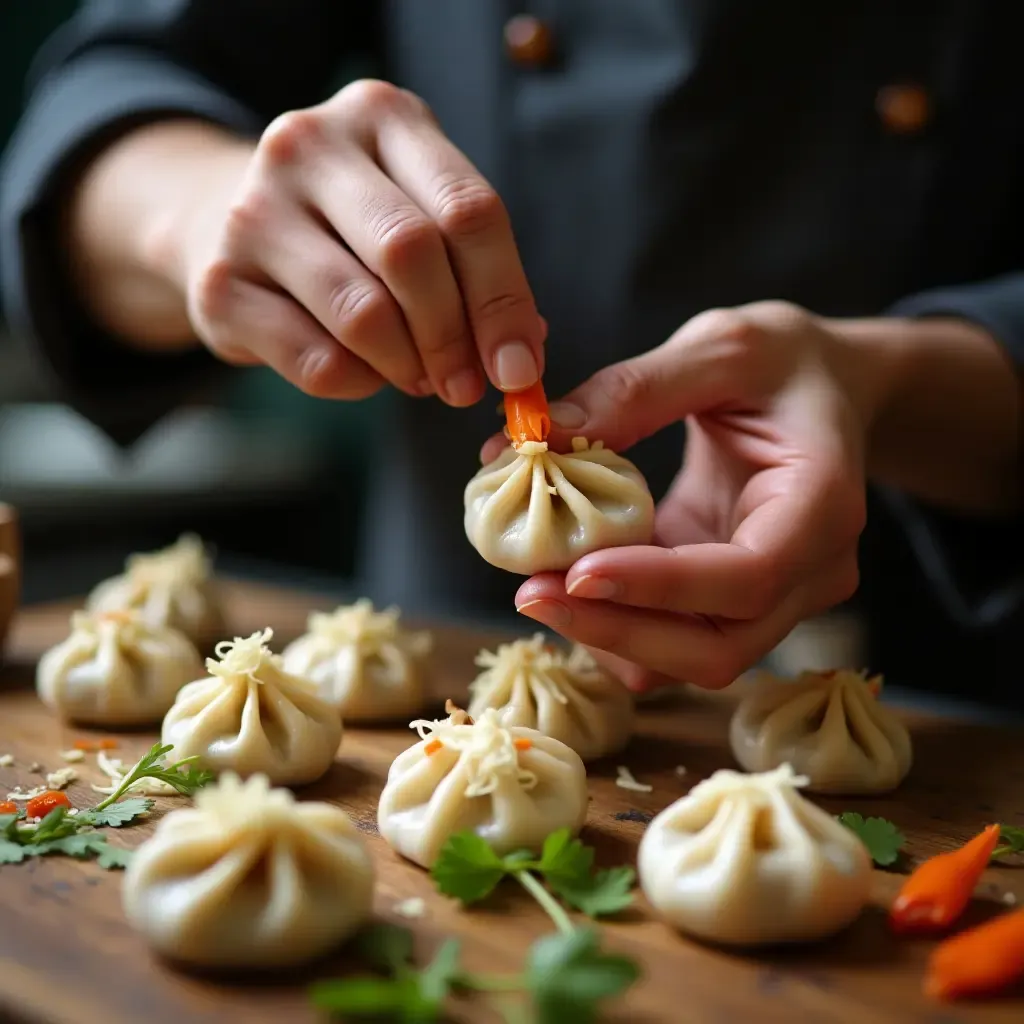 a photo of a chef preparing dumplings with exotic ingredients, showcasing creativity and culinary skill.