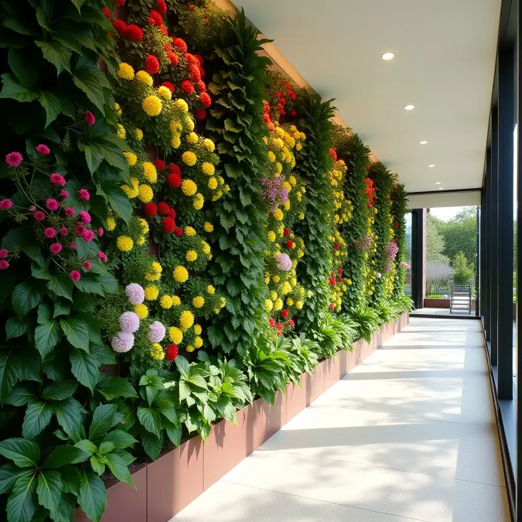 a photo of a vertical garden wall with colorful flowers in a corridor