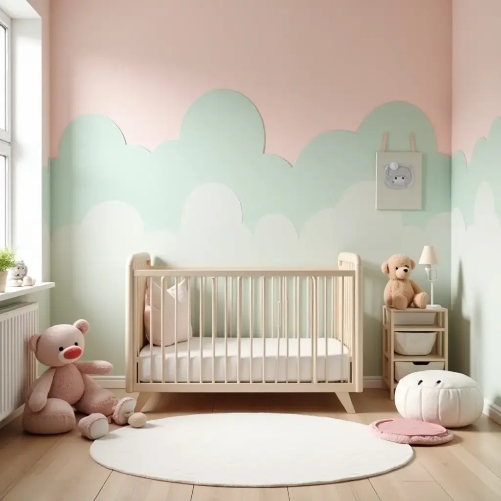 a photo of a pastel pink and mint green nursery filled with toys