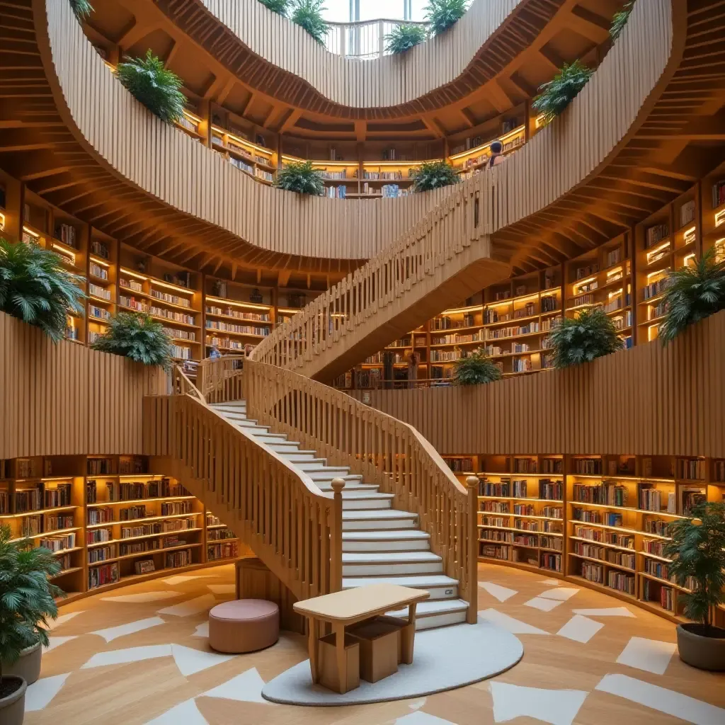 a photo of a multi-level library with stairs and balconies for diverse reading areas