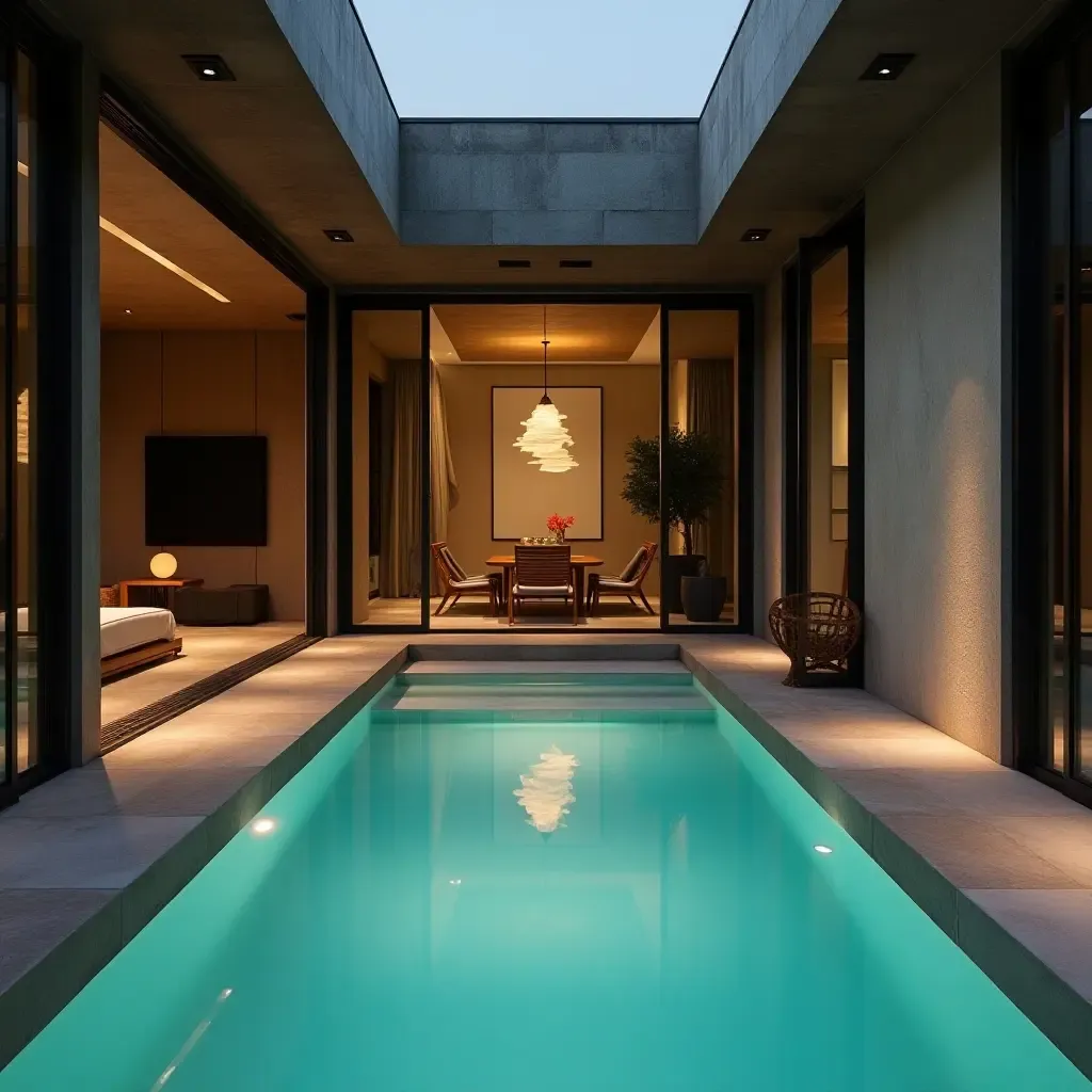 a photo of a zen-inspired pool area with simple pendant lighting