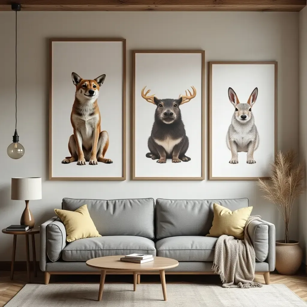 a photo of a basement wall featuring a whimsical animal portrait collection