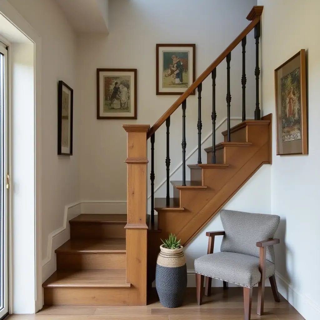 a photo of a rustic basement staircase decorated with farmhouse elements