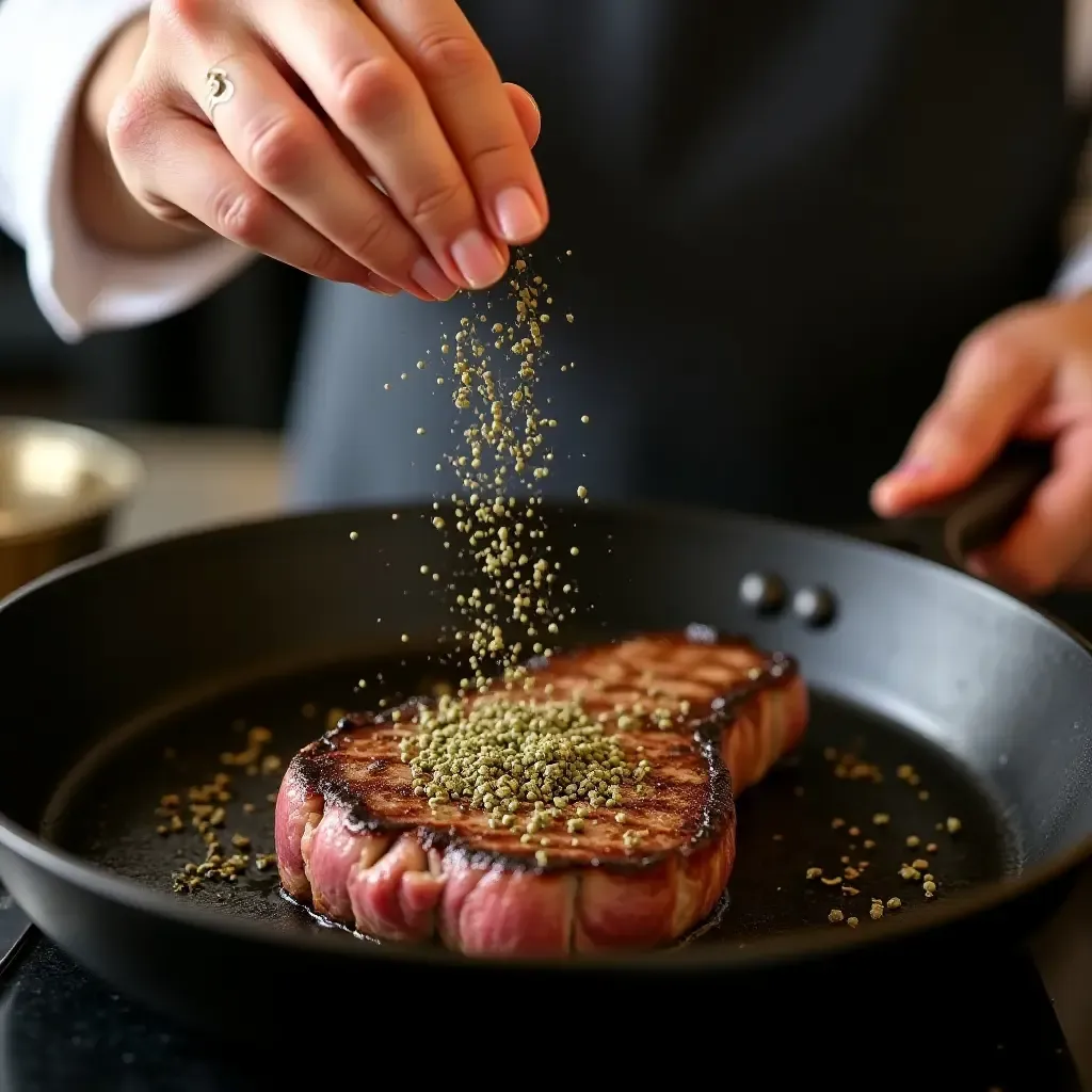 a photo of a chef sprinkling French herb blend on a sizzling steak in a cast iron skillet.