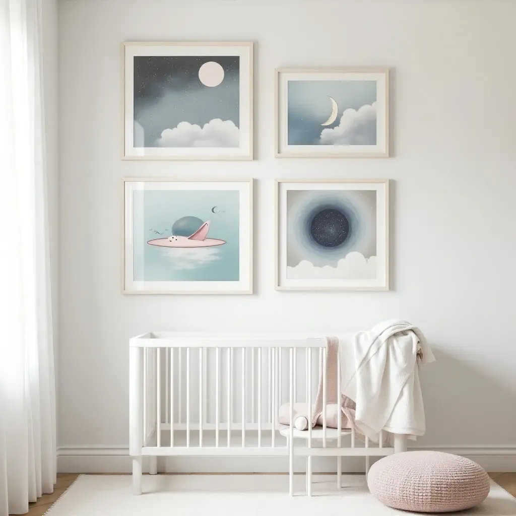 a photo of a nursery gallery wall with a celestial theme