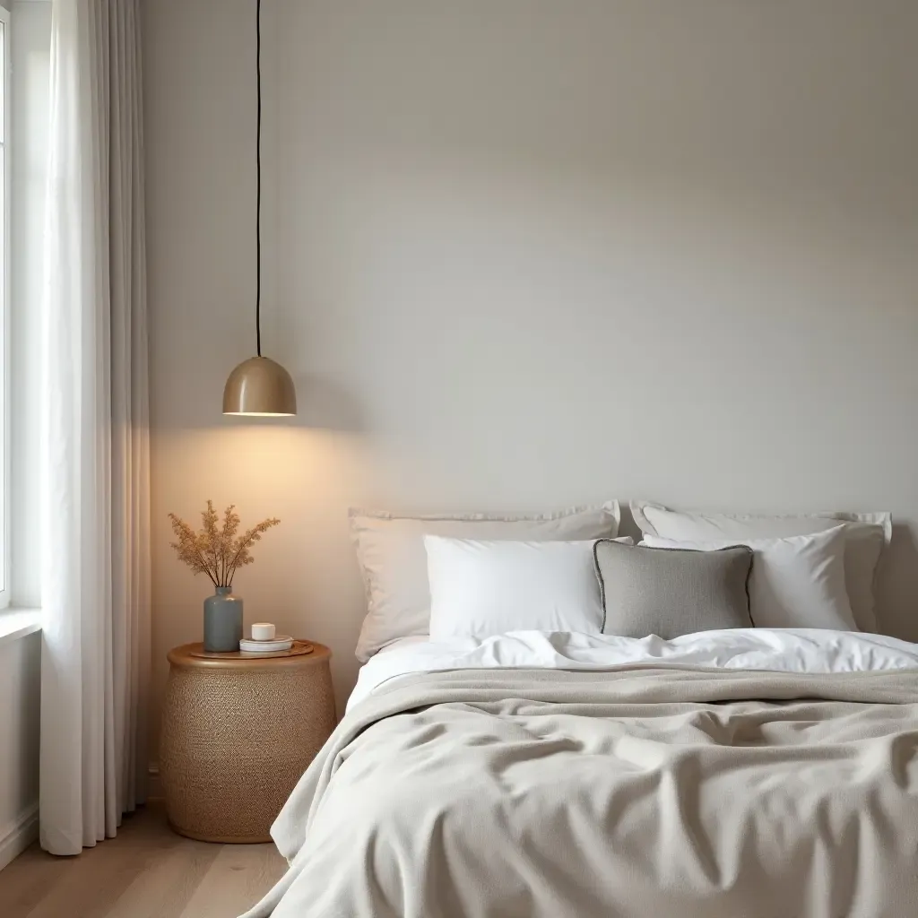 a photo of a Scandinavian bedroom with simple pendant lighting and natural materials