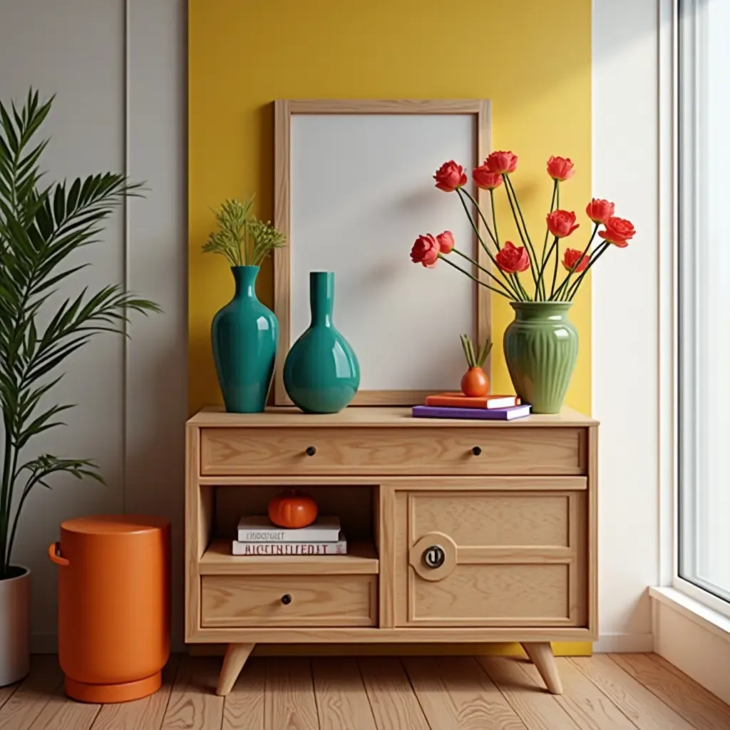 a photo of a lively side table decorated with vibrant accessories