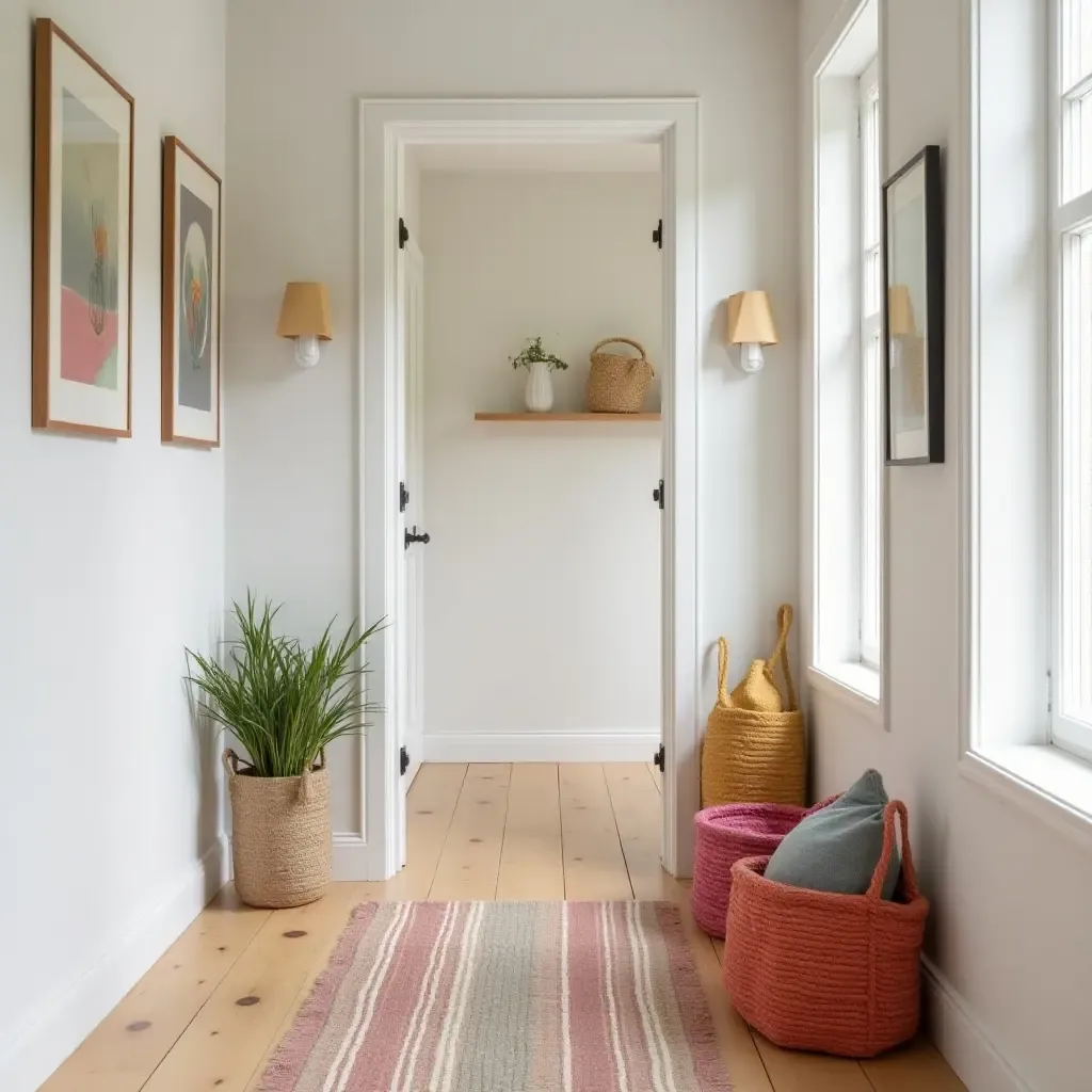 a photo of a cozy corridor with colorful storage baskets and framed artwork