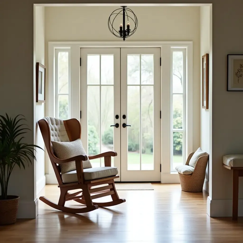 a photo of a classic wooden rocking chair in a spacious entryway