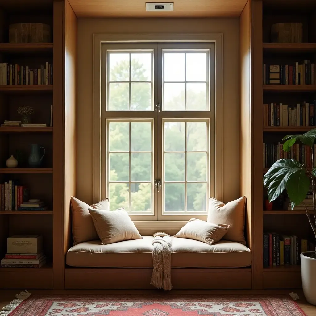 a photo of a reading nook featuring a large window with natural light