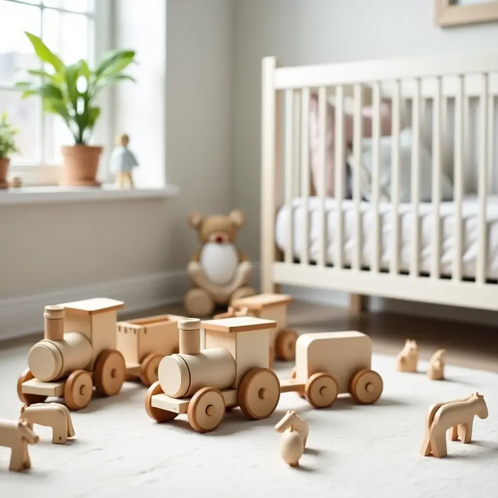 a photo of a nursery featuring a wooden toy train set