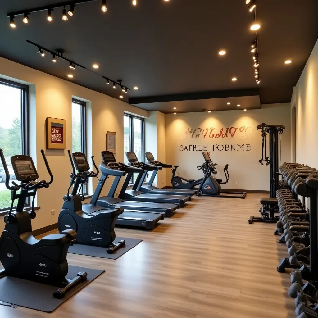 a photo of an airy basement gym with bright walls and motivational decor