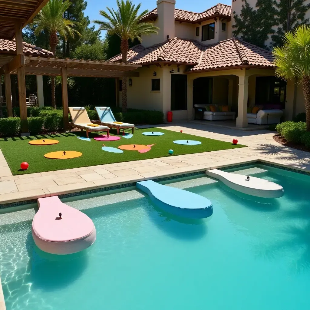 a photo of a poolside game area with colorful lawn games