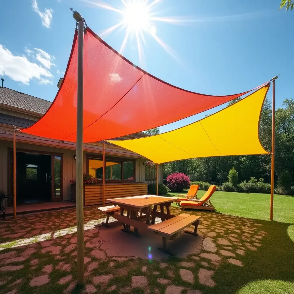 a photo of a DIY sunshade made from colorful tarps