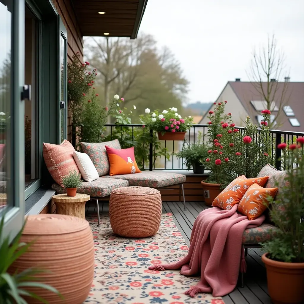 a photo of a vibrant balcony adorned with Scandinavian textiles and colorful cushions