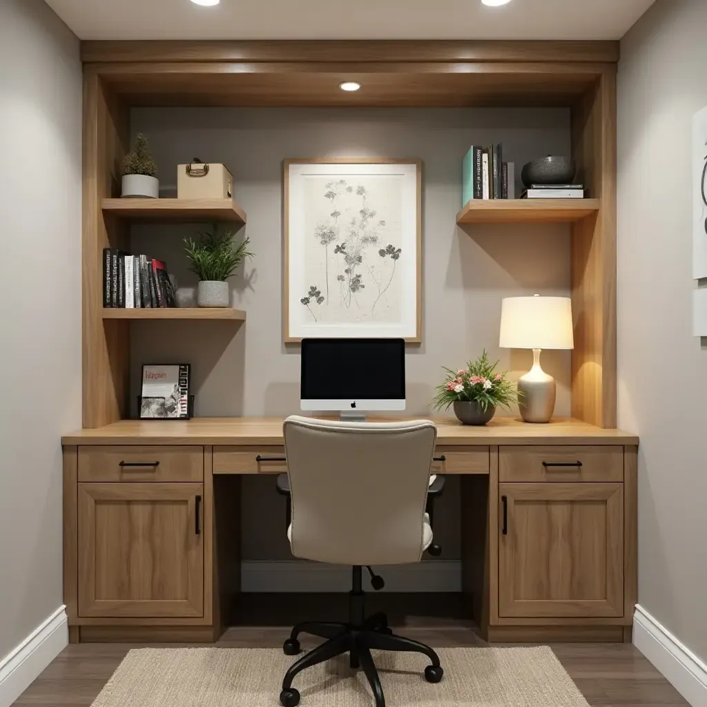 a photo of a basement office space with personalized desk organizers