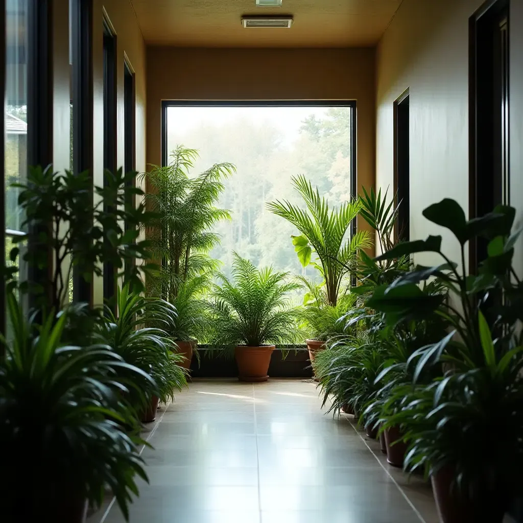 a photo of a corridor with a large window filled with plants