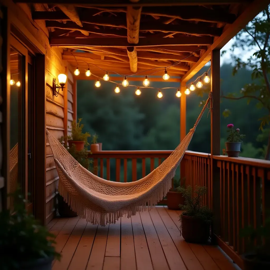 a photo of a rustic balcony with a hammock and fairy lights