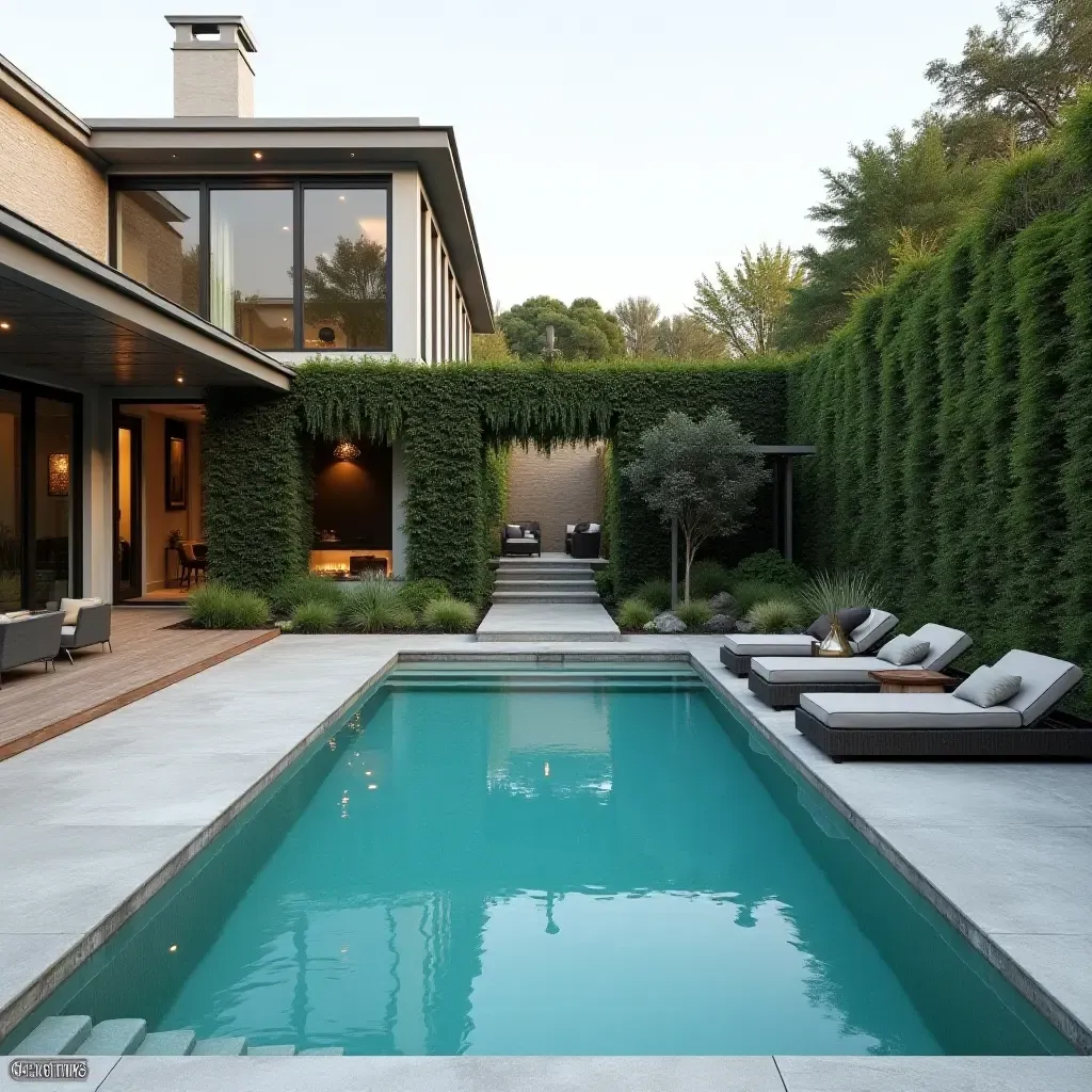 a photo of a chic outdoor pool with metallic accents in the landscaping