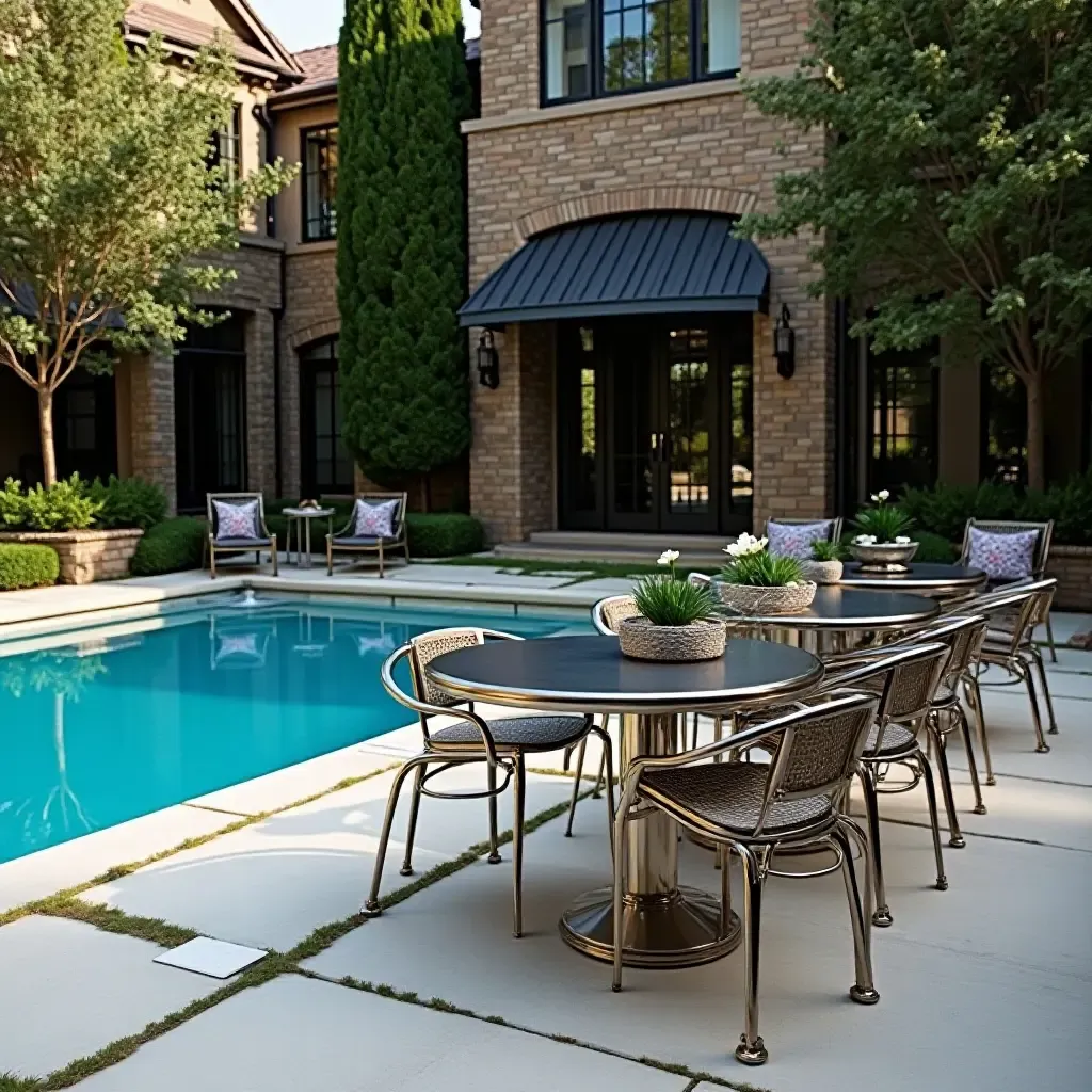 a photo of a glamorous pool area featuring metallic tables and chairs