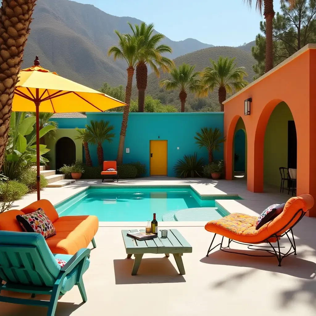 a photo of a playful poolside lounge with whimsical furniture and bright colors