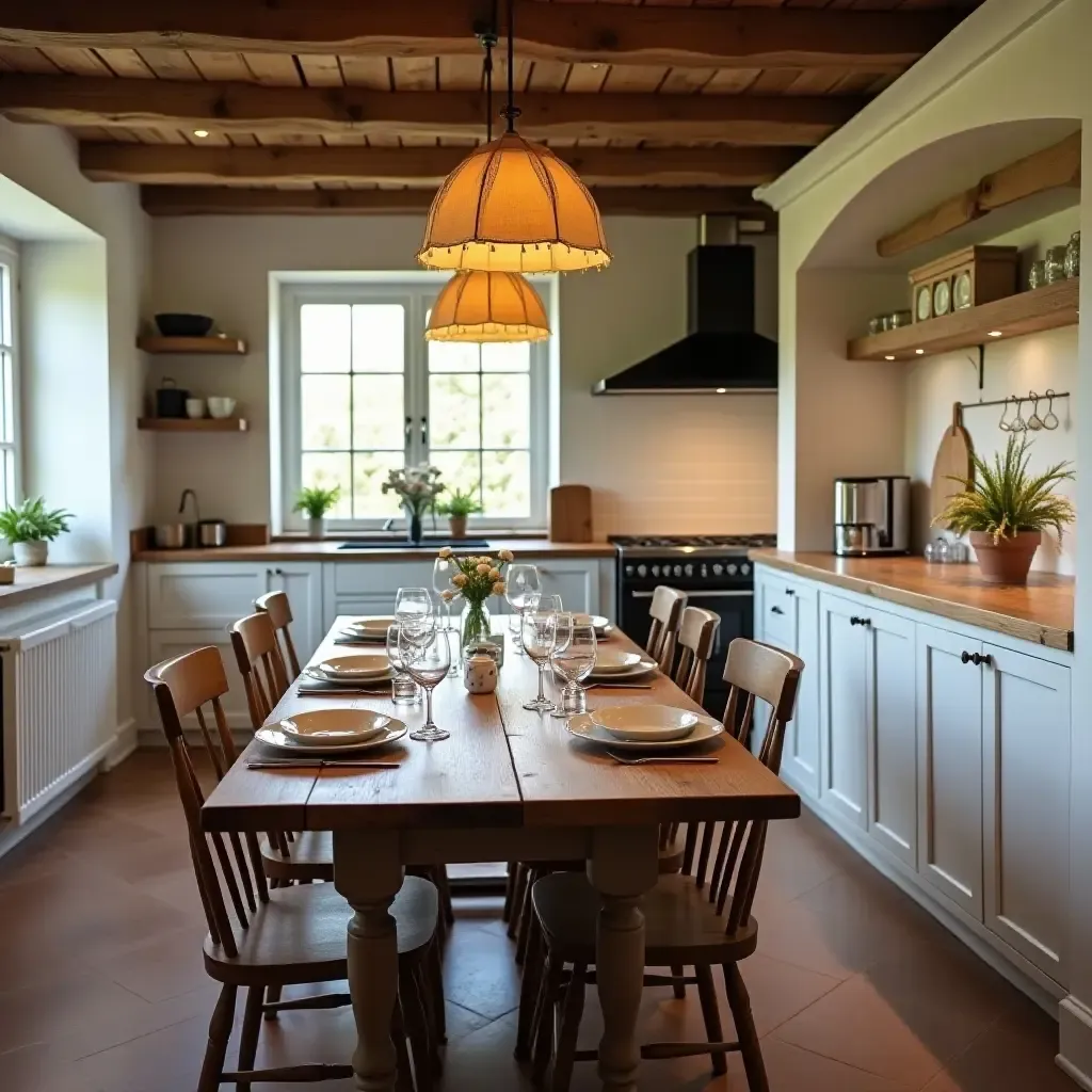 a photo of a quaint kitchen with a farmhouse table set for dinner