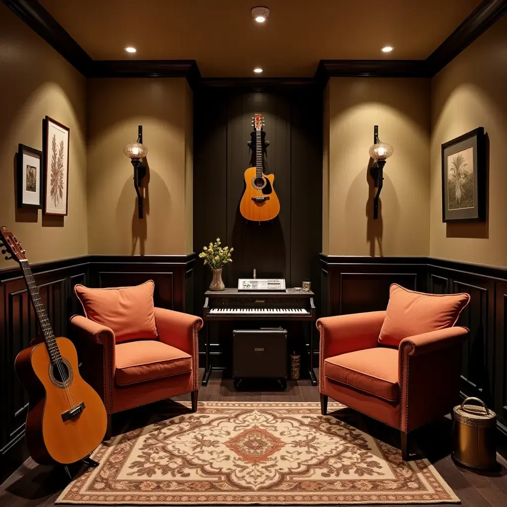 a photo of a basement music corner with instruments and comfy seating