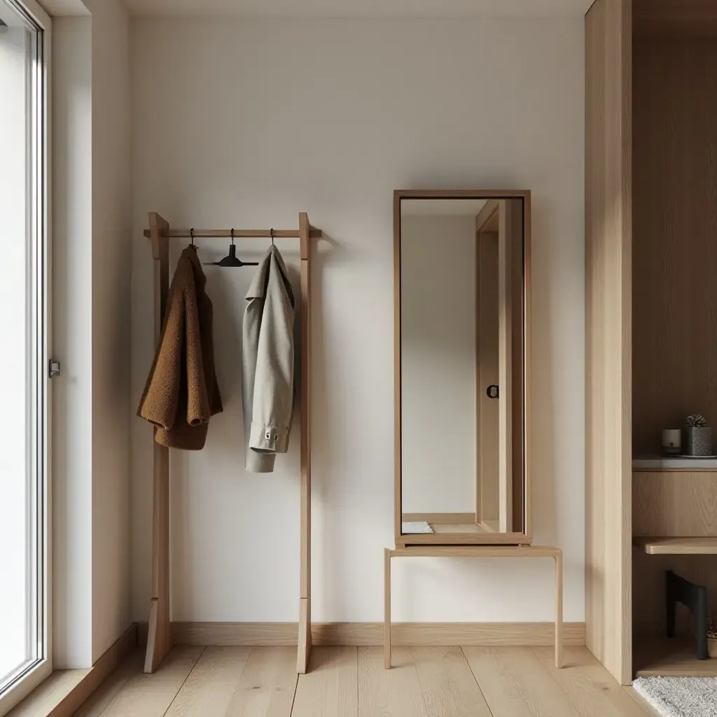 a photo of a wooden coat rack in a stylish corridor