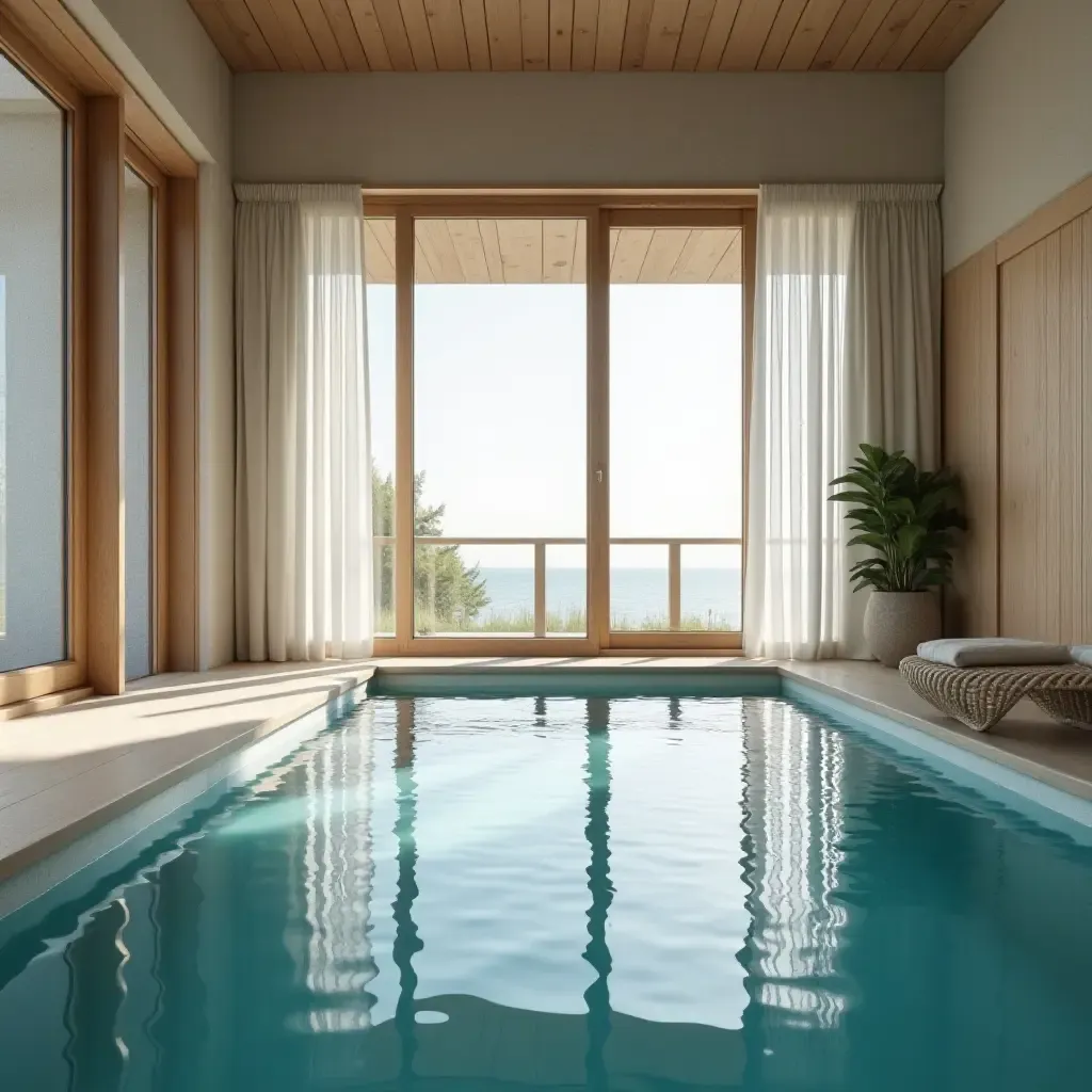 a photo of a serene Scandinavian-inspired pool area with large windows and light curtains