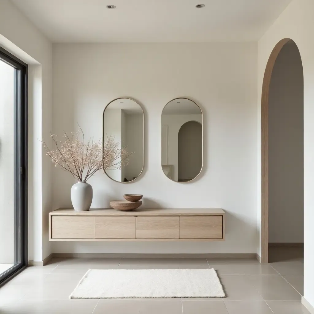 a photo of a modern entrance hall showcasing a floating console table and mirrors