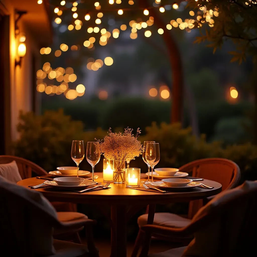 a photo of a balcony featuring an elegant dining setup with fairy lights