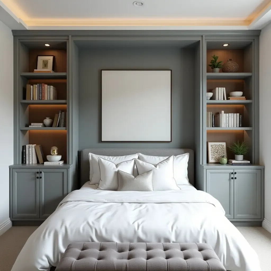 a photo of a grey headboard featuring built-in shelves for books and decor