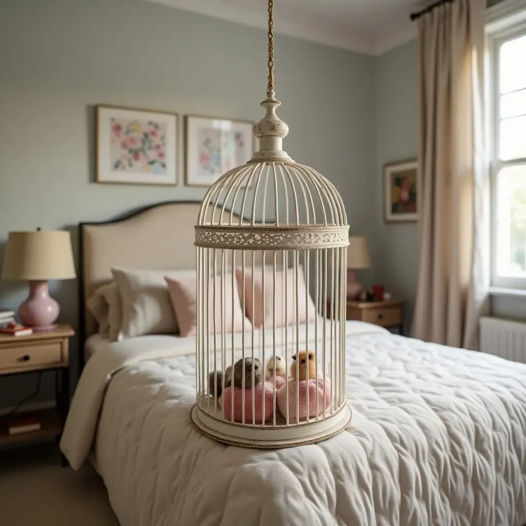 a photo of a charming birdcage used as decor in a bedroom