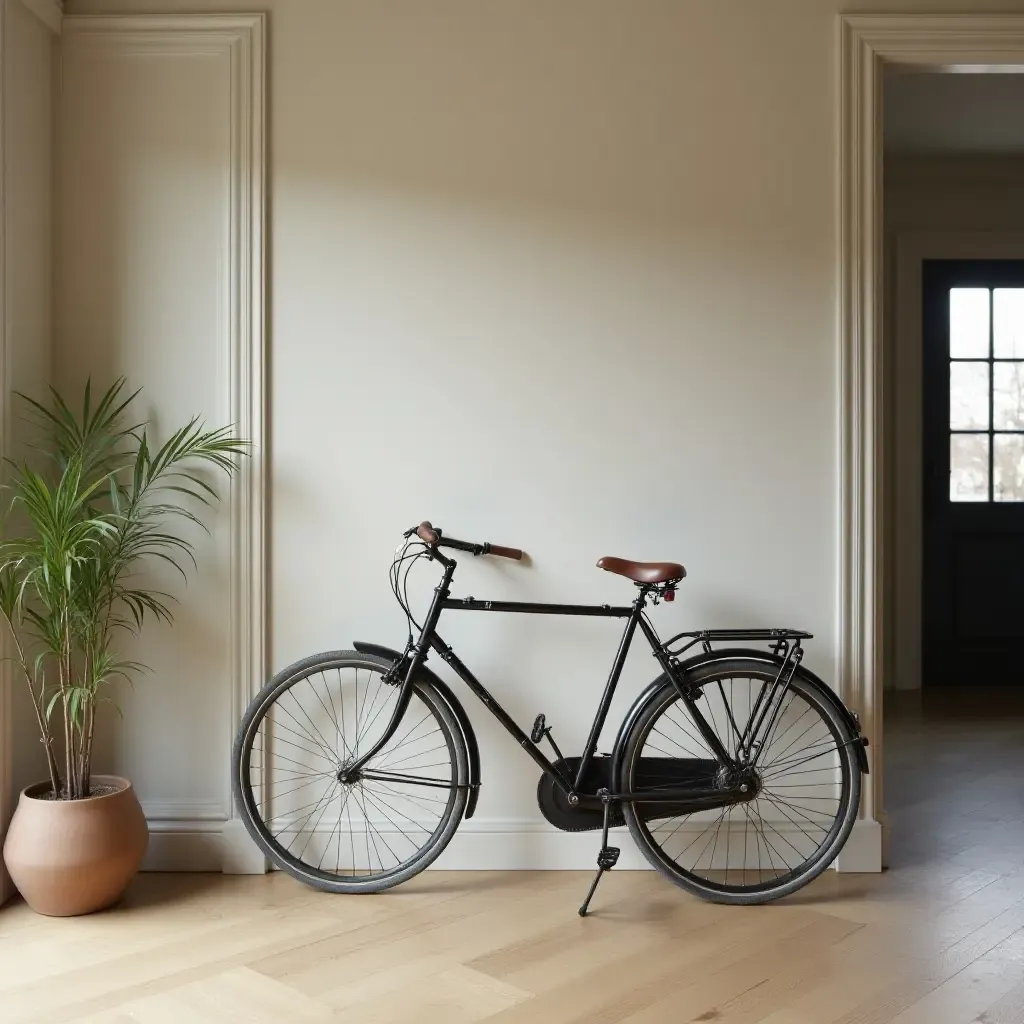 a photo of a classic vintage bicycle leaning against the wall in an entrance hall