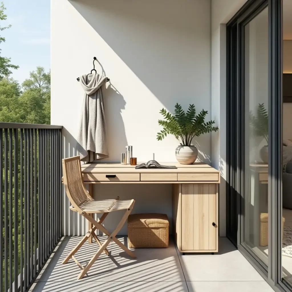 a photo of a balcony with a folding table and multi-functional storage