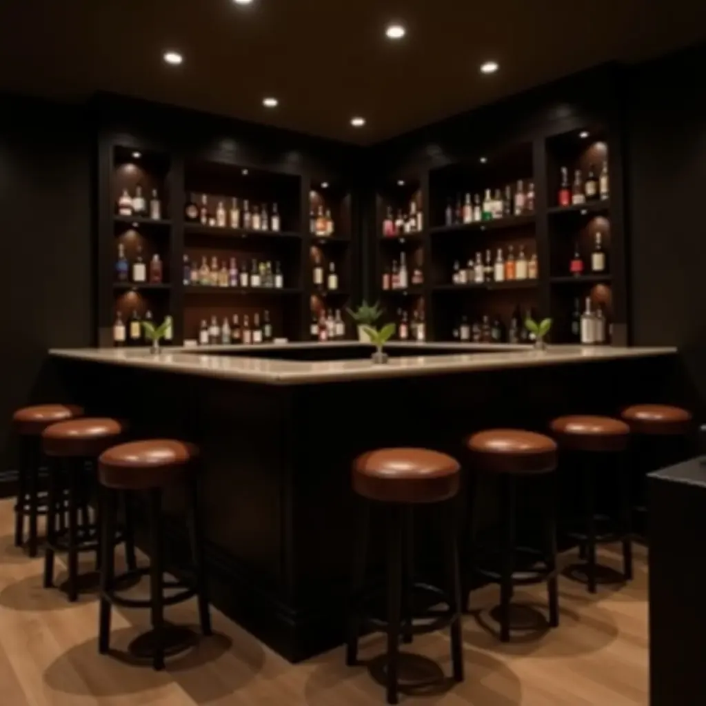 a photo of a sophisticated basement bar with leather accents and a classic design