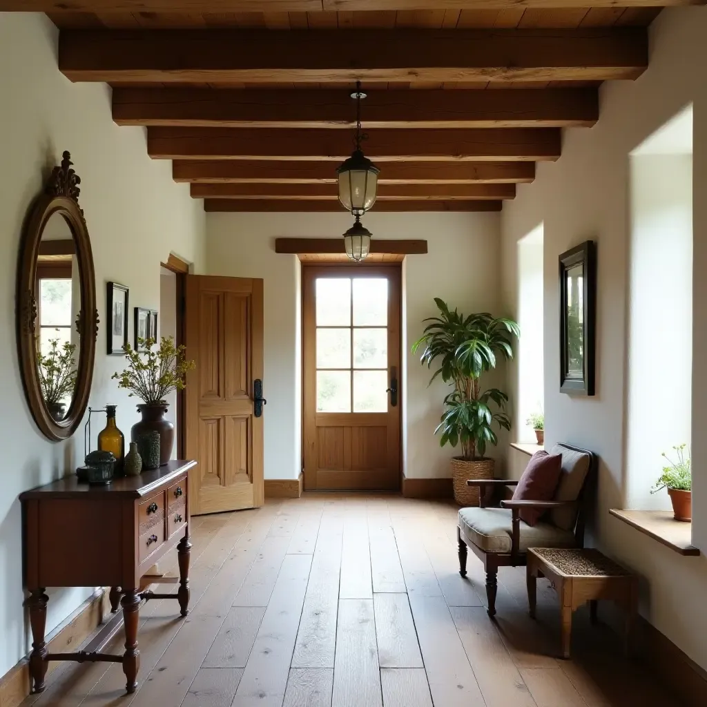 a photo of a cozy farmhouse corridor with wooden beams and vintage decor